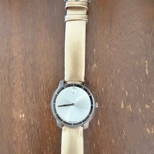 Movado Silver Watch with Cream Strap